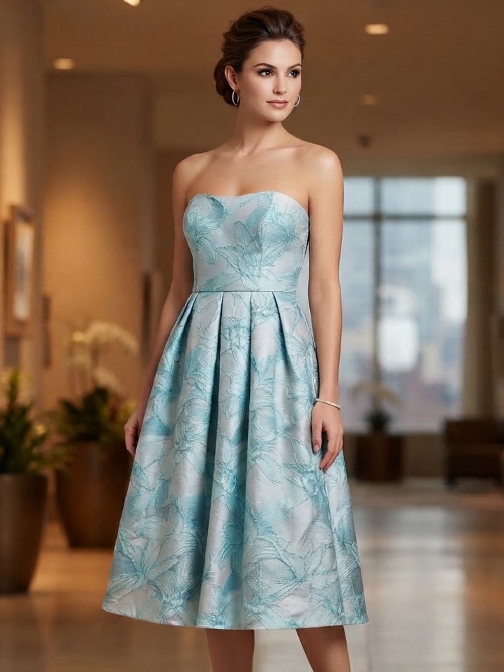 JS Collections Strapless Jacquard Floral Fit-and-Flare Dress 10 Light Aqua NWT